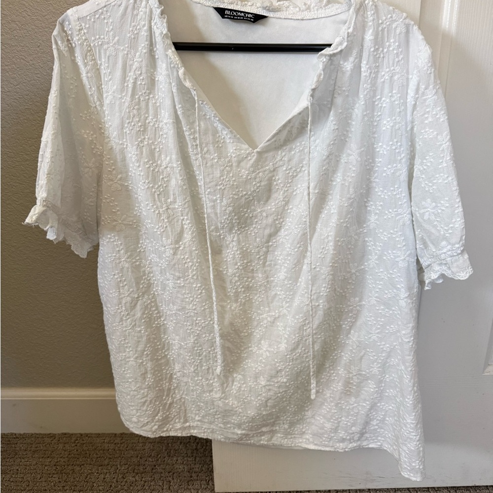 BloomChic White Embroidered V-Neck Women's Top